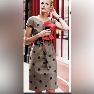 Boden Olive-Tan Midi Dress with Navy Polka Dots and Self-Tie Waist